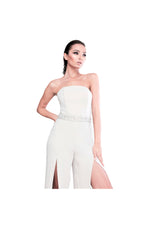 LAMACE Nude Crepe Jumpsuit with Crystal and Beaded Embellishments
