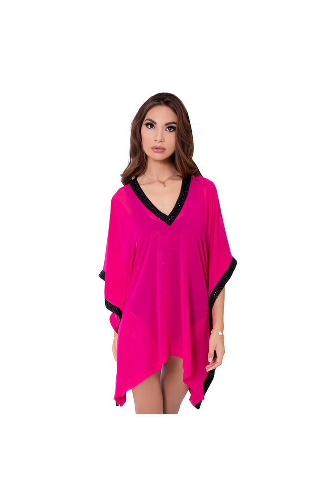 LAMACE Pink Beach Kaftan with Black Embroidered and Embellished Borders