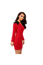 LAMACE Red Crepe Mini Dress with Black Crystal Wing Embellishment 