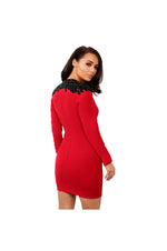 LAMACE Red Crepe Mini Dress with Black Crystal Wing Embellishment 