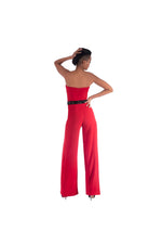 Red Crepe Jumpsuit with Black Crystal Embellishment