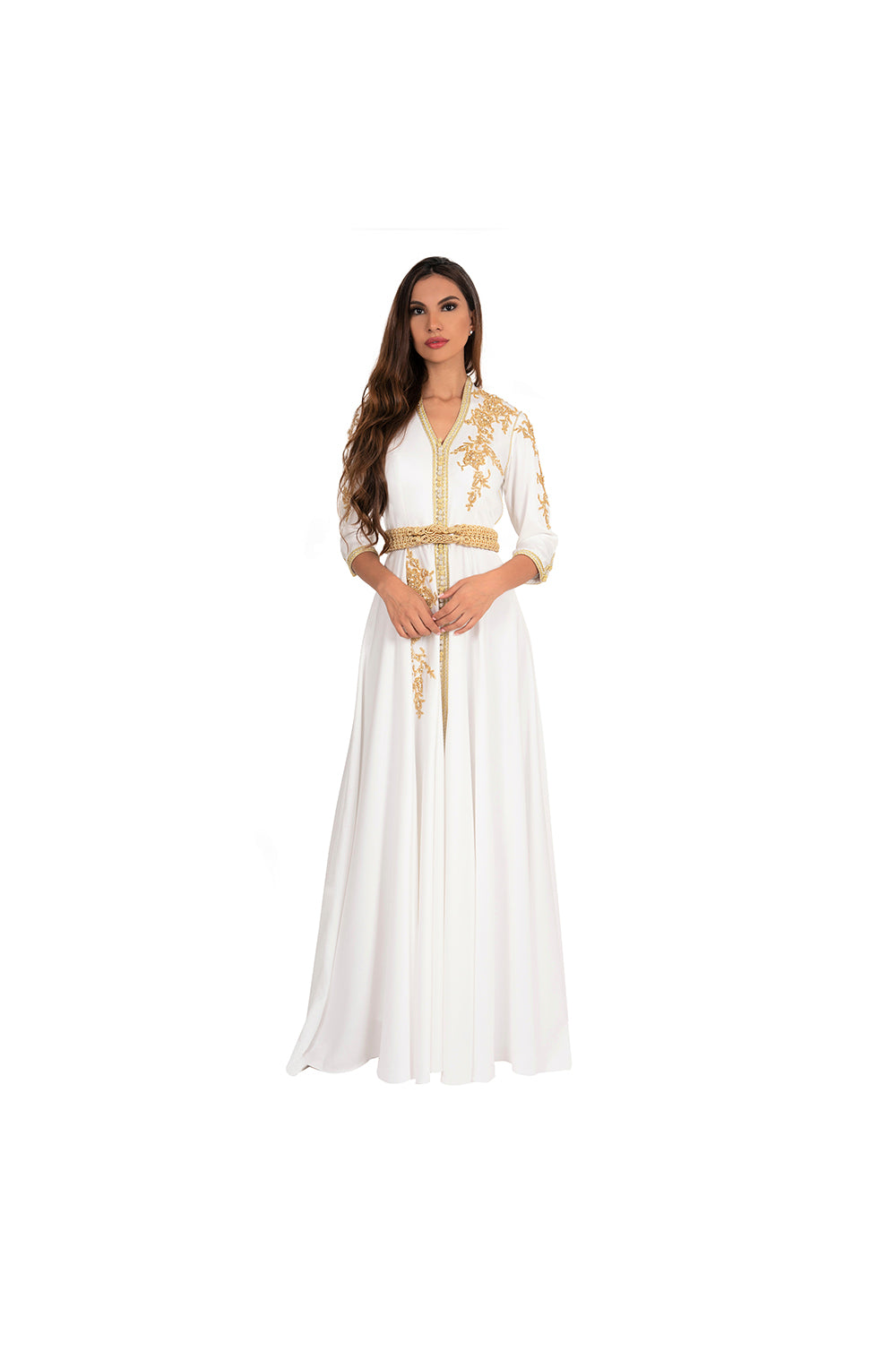 White Kaftan Gown with Gold Embroidery and Embellishments White Kaftan Gown with Gold Embroidery and Embellishments