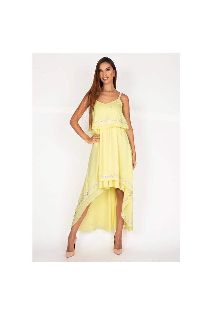 LAMACE Yellow High Low Day Dress with Embroidery