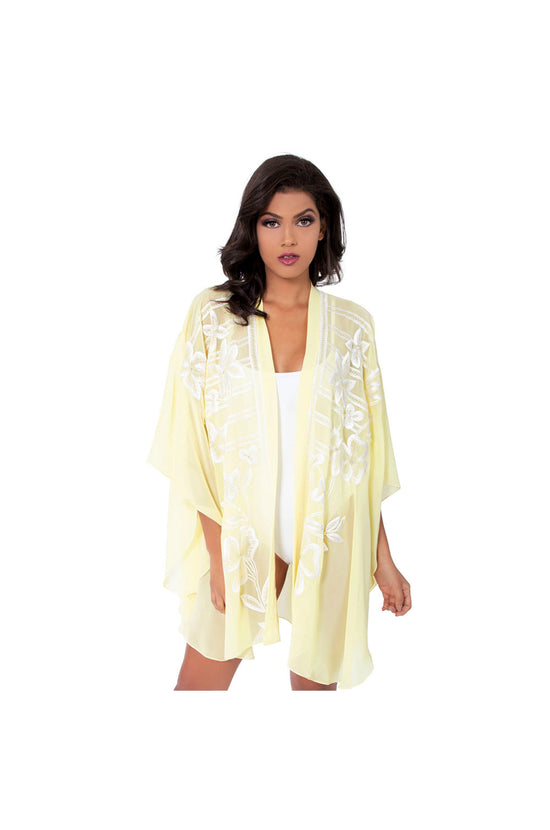 LAMACE Yellow Kaftan with White Floral Embroidery