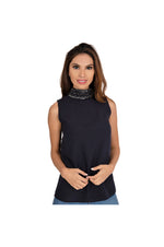 LAMACE Blue Turtleneck Top with Crystal and Bead Embellished Neck