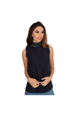 AMACE Blue Turtleneck Top with Crystal and Bead Embellished Neck