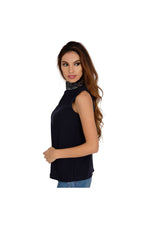 AMACE Blue Turtleneck Top with Crystal and Bead Embellished Neck
