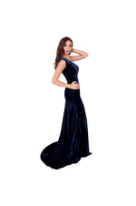 LAMACE Blue Silk Velvet Gown with Embellishments 