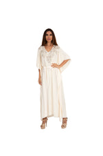 LAMACE Long Cream Kaftan with Silver Embroidery and Crystals