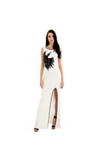 LAMACE White Silk Gown with Black Crystal and Bead Embellishments