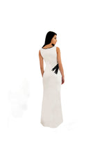 LAMACE White Silk Gown with Black Crystal and Bead Embellishments