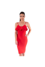LAMACE Red Knit Body Con Dress with Ruffles