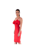 LAMACE Red Knit Body Con Dress with Ruffles