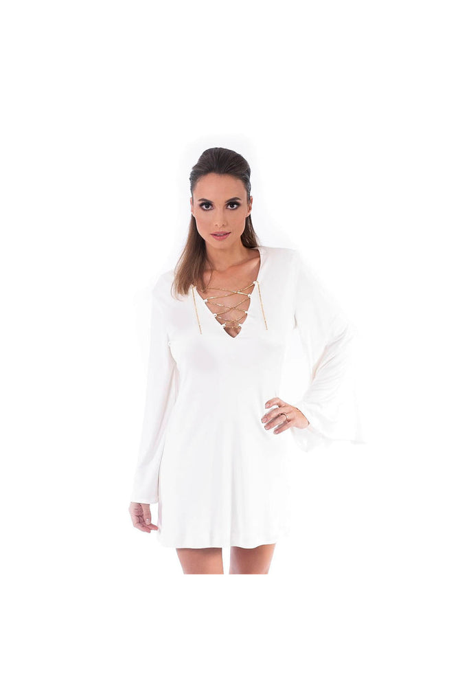 LAMACE White Silk Jersey Day Dress with Gold Chain